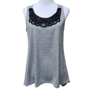 Moon & Sky Gray Striped Swing Tank Top Black Applique Neckline Blouse Hi-Lo